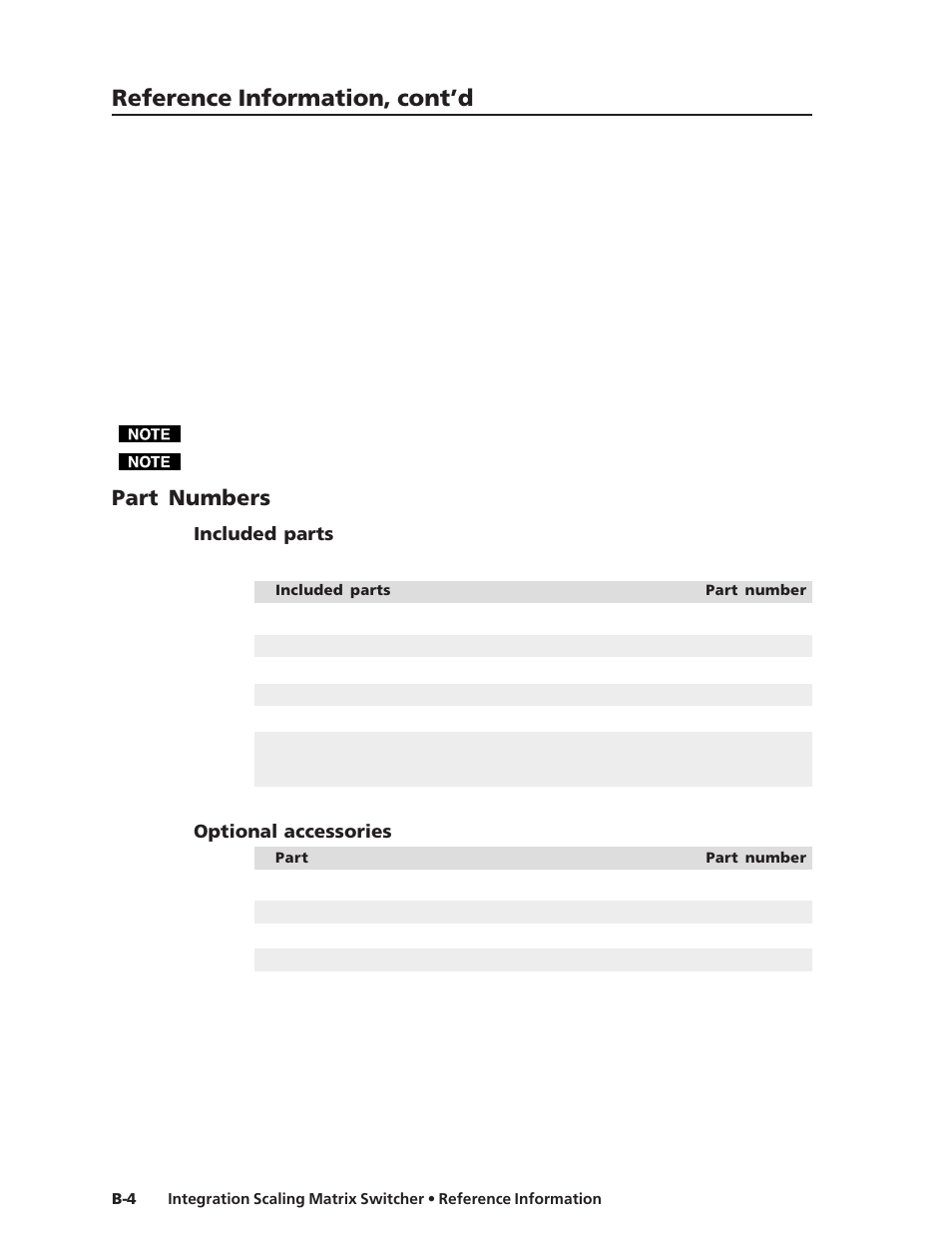 Part numbers, Included parts, Optional accessories | Reference information, cont’d | Extron electronic ISM 482 User Manual | Page 99 / 105