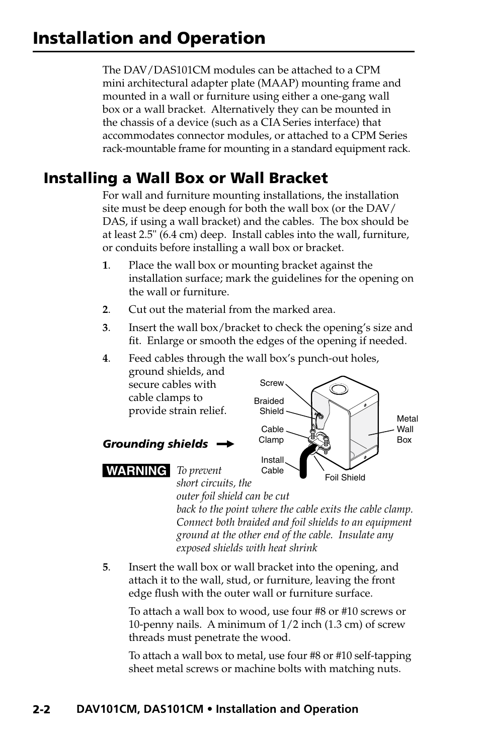Installing a wall box or wall bracket, Installation and operation | Extron Electronics DAV_DAS101CM User Manual | Page 14 / 30