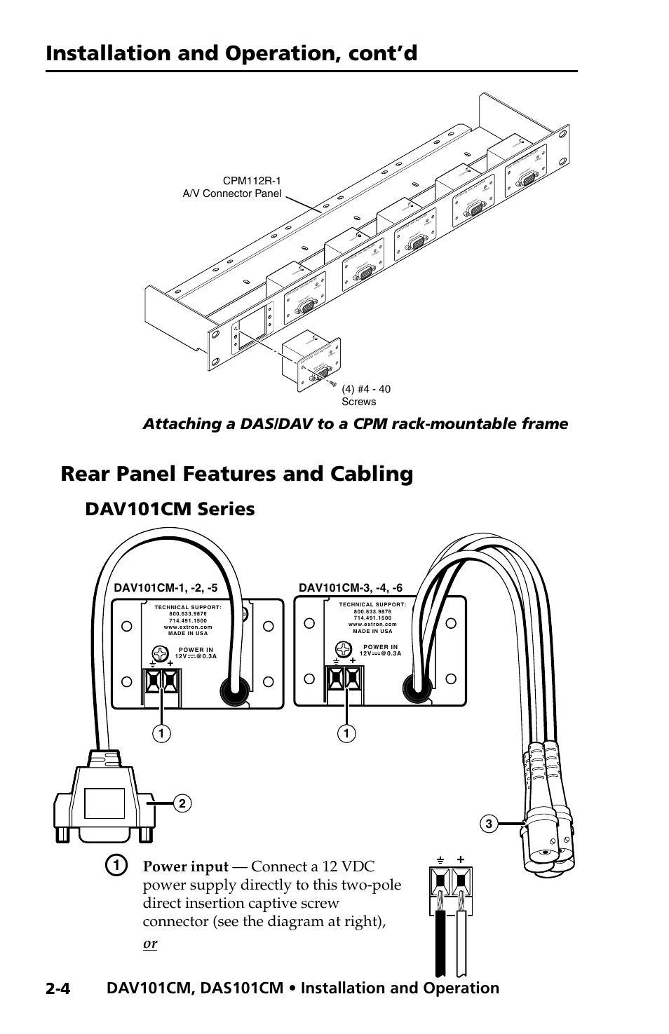 Rear panel features and cabling, Dav101cm series, And on | Dav101cm series -4, Installation and operation, cont’d, Attaching a das/dav to a cpm rack-mountable frame | Extron Electronics DAV_DAS101CM User Manual | Page 16 / 30