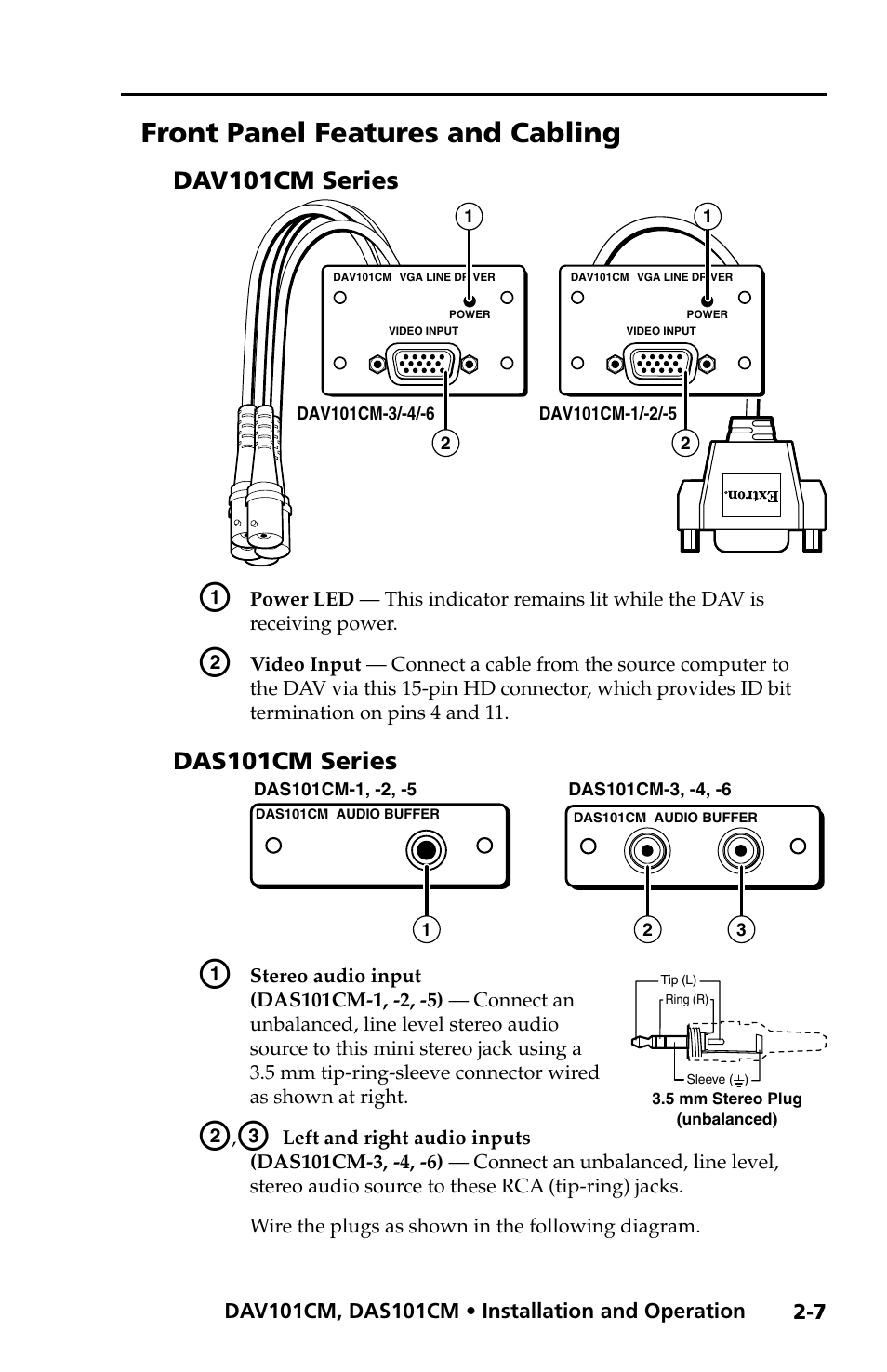 Front panel features and cabling, Dav101cm series, Das101cm series | Dav101cm series -7 das101cm series -7 | Extron Electronics DAV_DAS101CM User Manual | Page 19 / 30