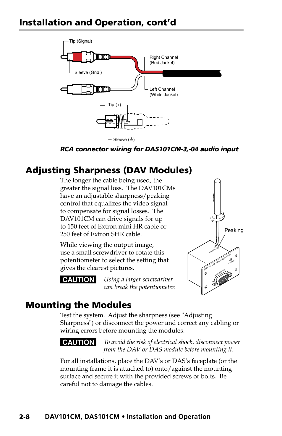 Adjusting sharpness (dav modules), Mounting the modules, Installation and operation, cont’d | Extron Electronics DAV_DAS101CM User Manual | Page 20 / 30