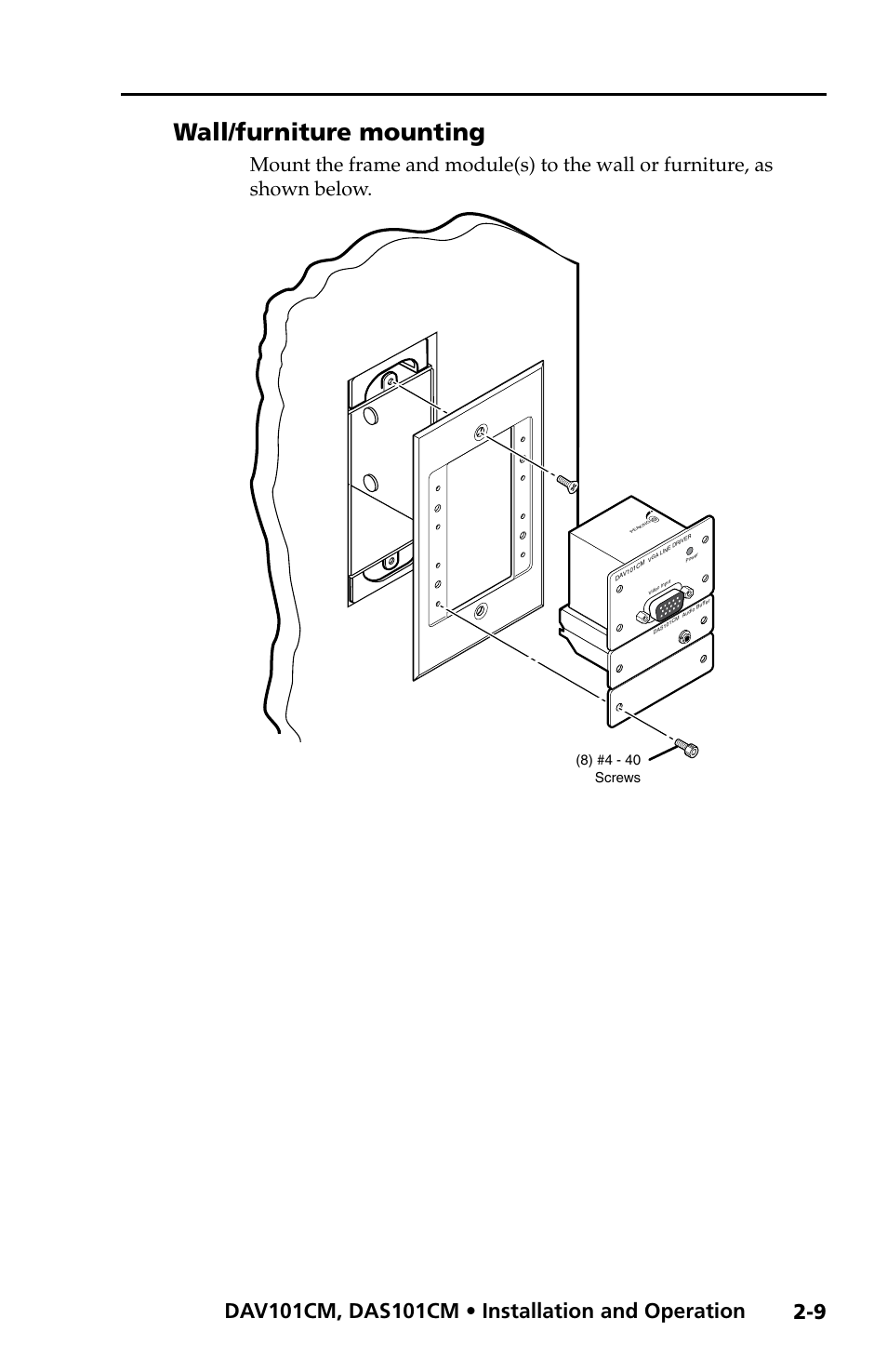 Wall/furniture mounting, Wall/furniture mounting -9, 8) #4 - 40 screws | Extron Electronics DAV_DAS101CM User Manual | Page 21 / 30