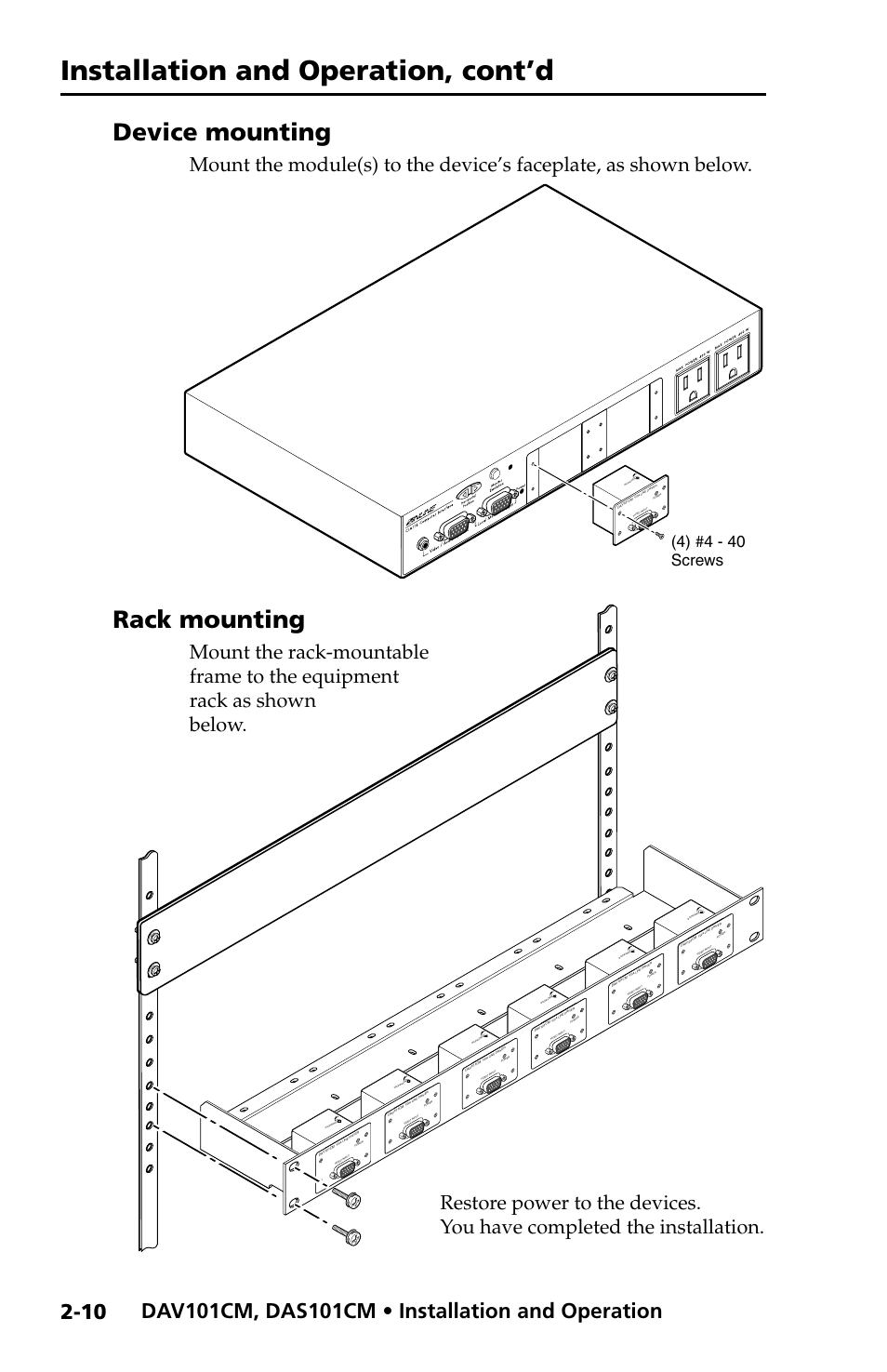 Device mounting, Rack mounting, Device mounting -10 rack mounting -10 | Installation and operation, cont’d, 4) #4 - 40 screws | Extron Electronics DAV_DAS101CM User Manual | Page 22 / 30