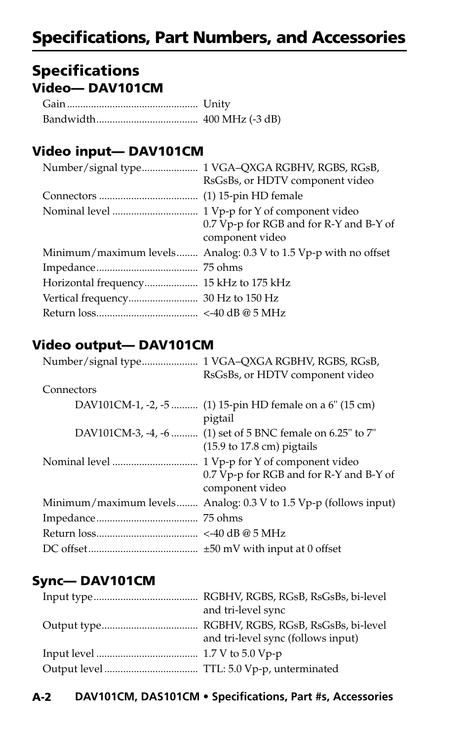 Specifications, Specifications, part numbers, and accessories | Extron Electronics DAV_DAS101CM User Manual | Page 24 / 30
