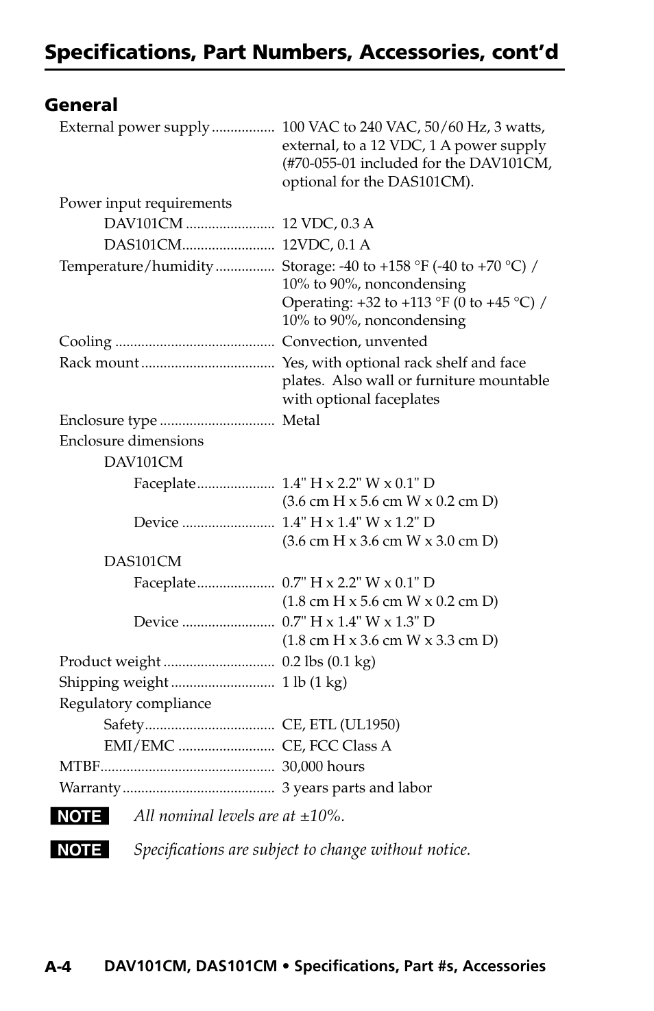 Specifications, part numbers, accessories, cont’d, General | Extron Electronics DAV_DAS101CM User Manual | Page 26 / 30