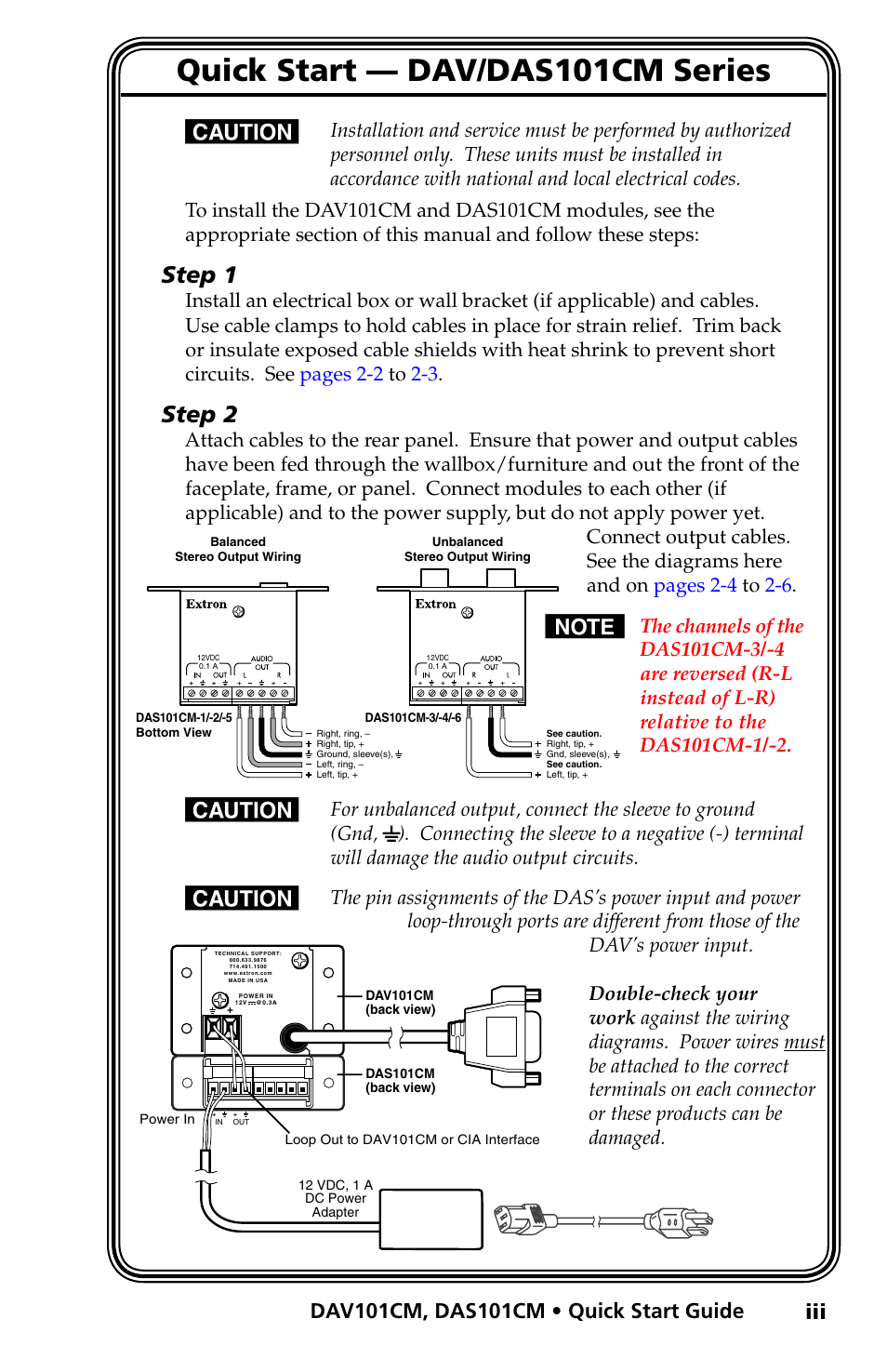Quick start, Quick start — dav/das101cm series, Step 1 | Step 2 | Extron Electronics DAV_DAS101CM User Manual | Page 5 / 30