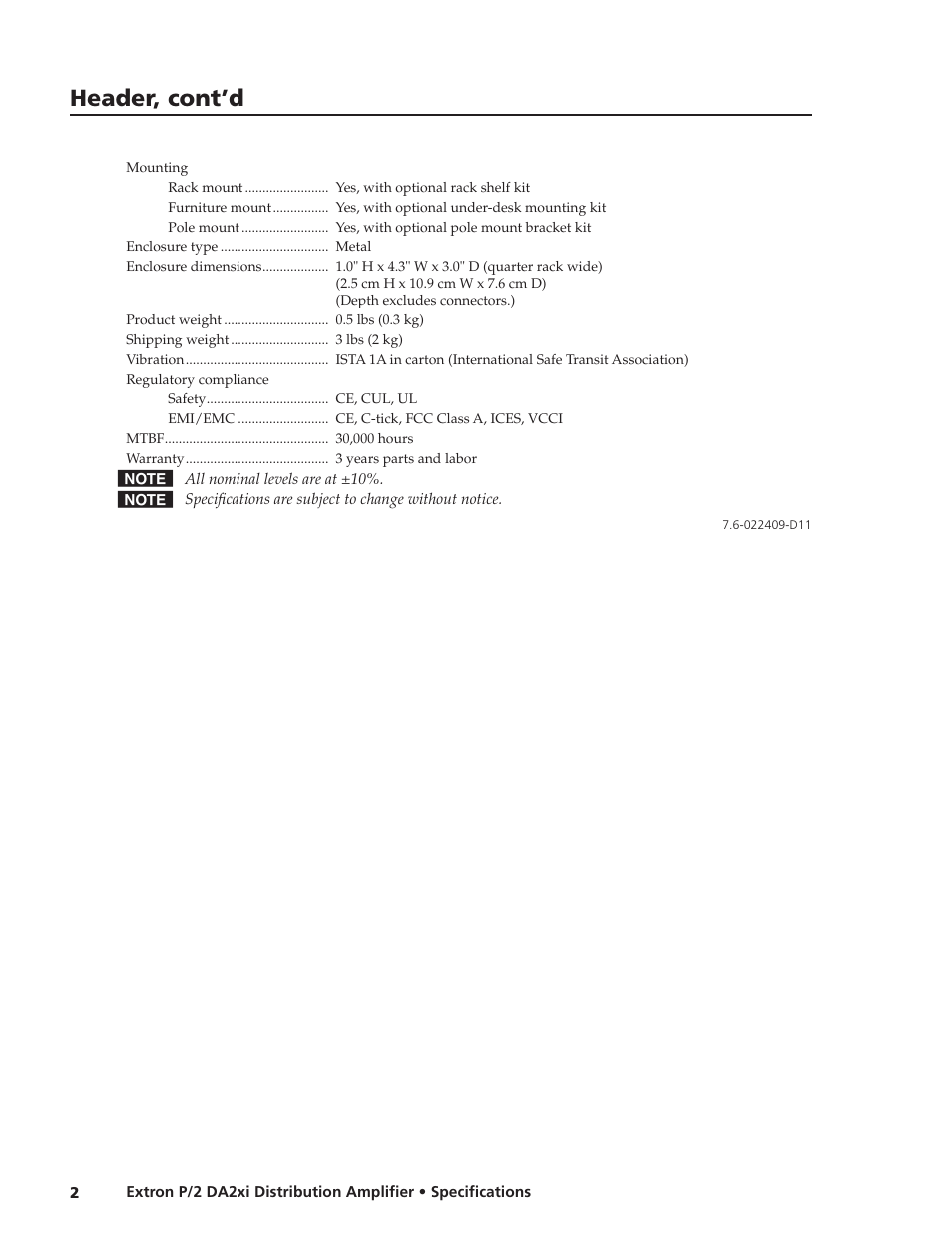 Header, cont’d | Extron electronic Extron P/2 DA2xi User Manual | Page 2 / 2