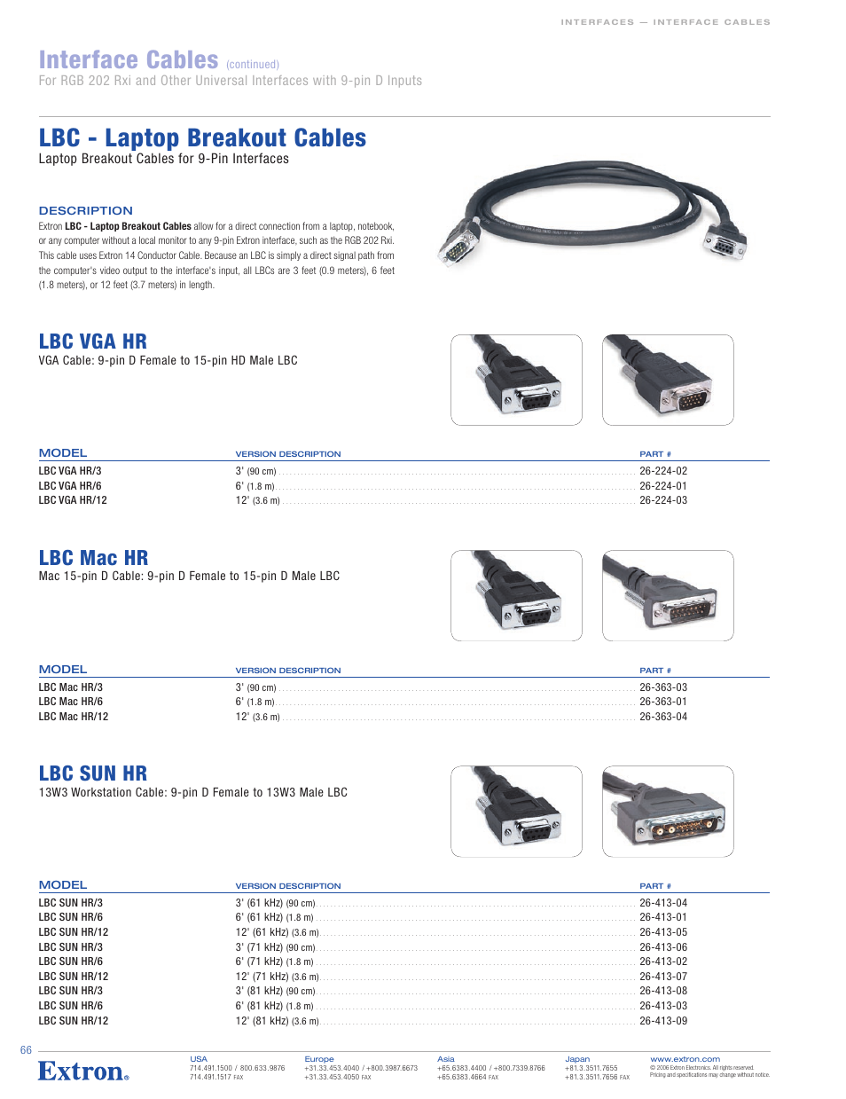 Interface cables, Lbc - laptop breakout cables, Lbc vga hr | Lbc mac hr, Lbc sun hr, Laptop breakout cables for 9-pin interfaces, Vga cable: 9-pin d female to 15-pin hd male lbc | Extron electronic 26-425-01 User Manual | Page 2 / 5