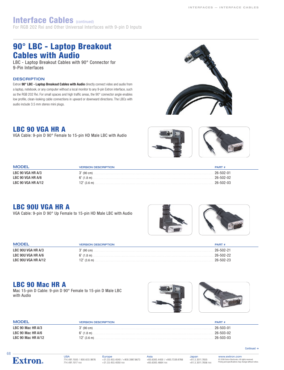 Interface cables, 90° lbc - laptop breakout cables with audio, Lbc 90 vga hr a | Lbc 90u vga hr a, Lbc 90 mac hr a | Extron electronic 26-425-01 User Manual | Page 4 / 5