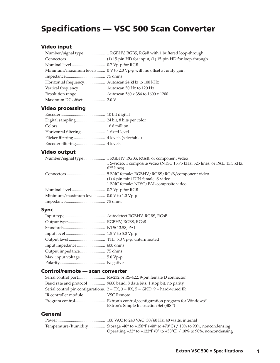 Extron electronic Scan Converter VSC 500 User Manual | 2 pages