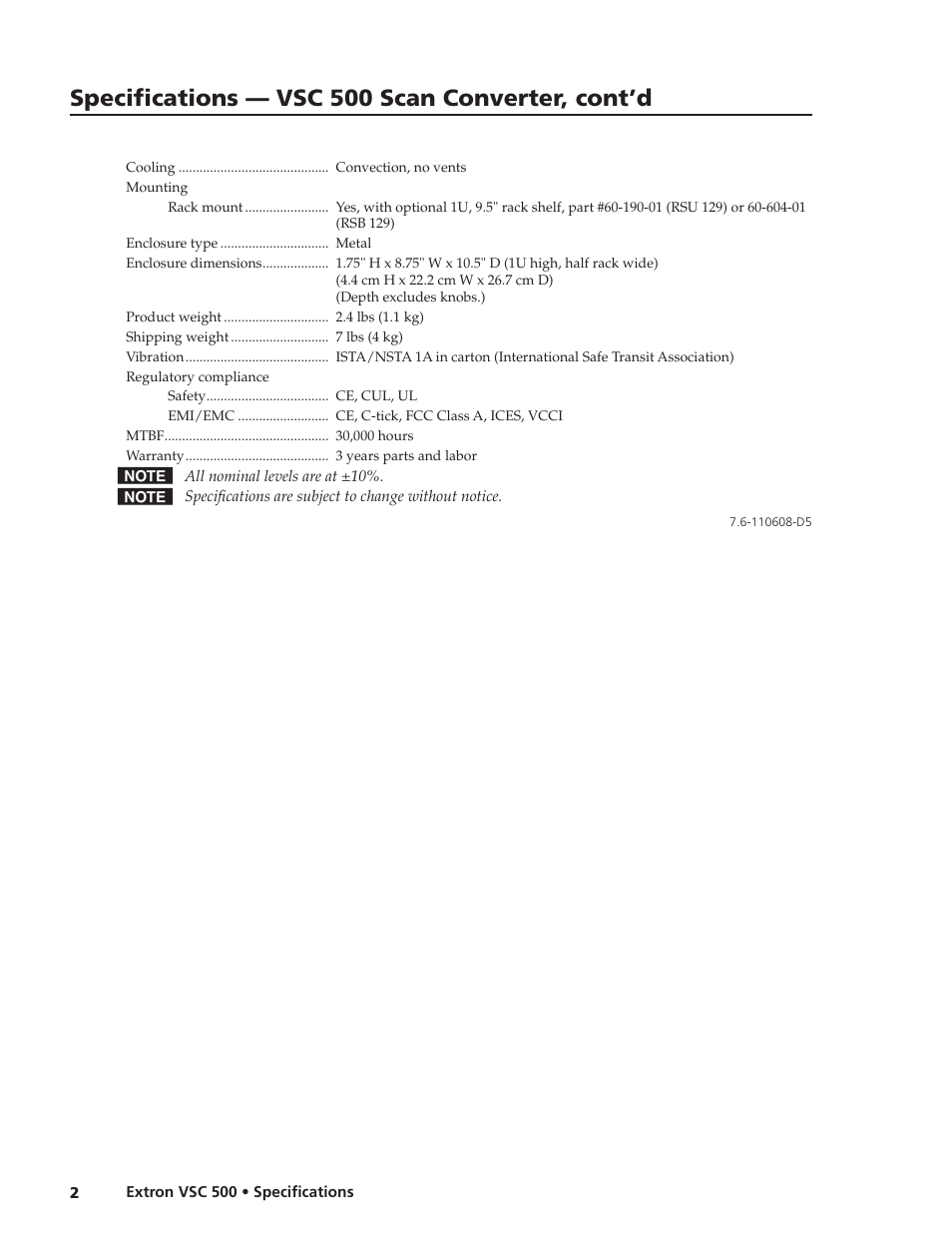 Specifications — vsc 500 scan converter, cont’d | Extron electronic Scan Converter VSC 500 User Manual | Page 2 / 2