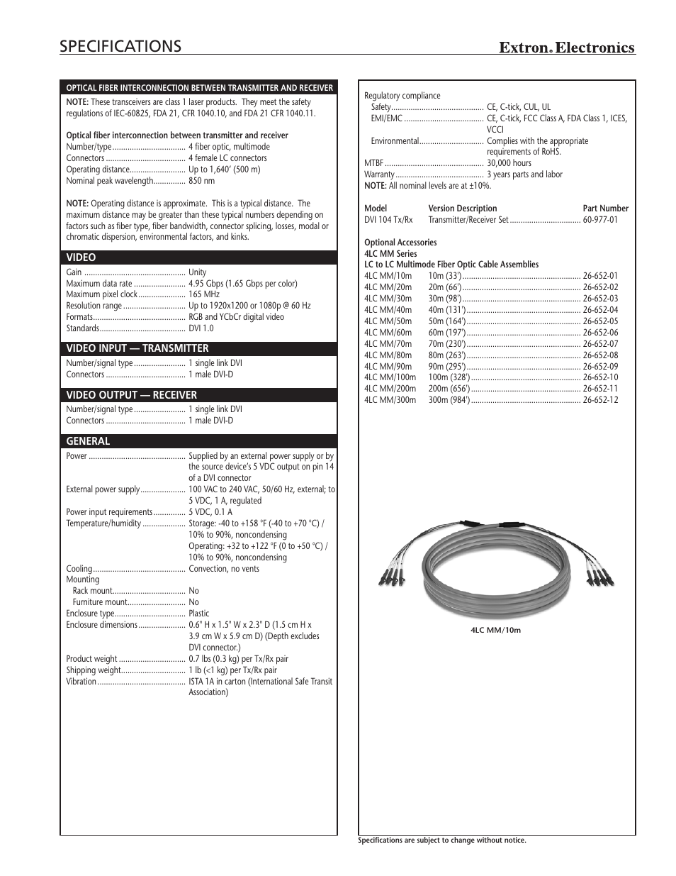 Specifications | Extron electronic DVI 104 User Manual | Page 3 / 4