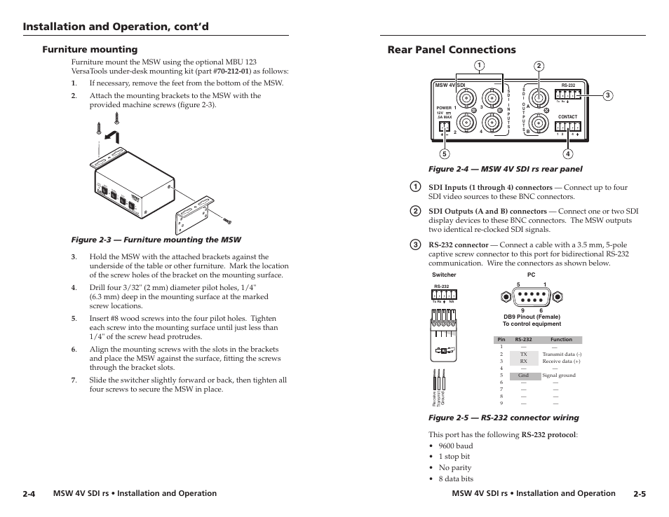 Furniture mounting, Rear panel connections, Furniture mounting -4 | Installation and operation, cont’d | Extron Electronics MSW 4V SDI rs User Manual | Page 10 / 20