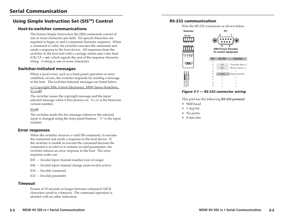 Using simple instruction set (sistm) control, Host-to-switcher communications, Switcher-initiated messages | Error responses, Timeout, Rs-232 communication, Using simple instruction set (sis, Control, Serial communication | Extron Electronics MSW 4V SDI rs User Manual | Page 14 / 20