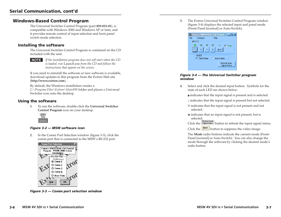 Windows-based control program, Installing the software, Using the software | Installing the software -6 using the software -6, Serial communication, cont’d | Extron Electronics MSW 4V SDI rs User Manual | Page 16 / 20