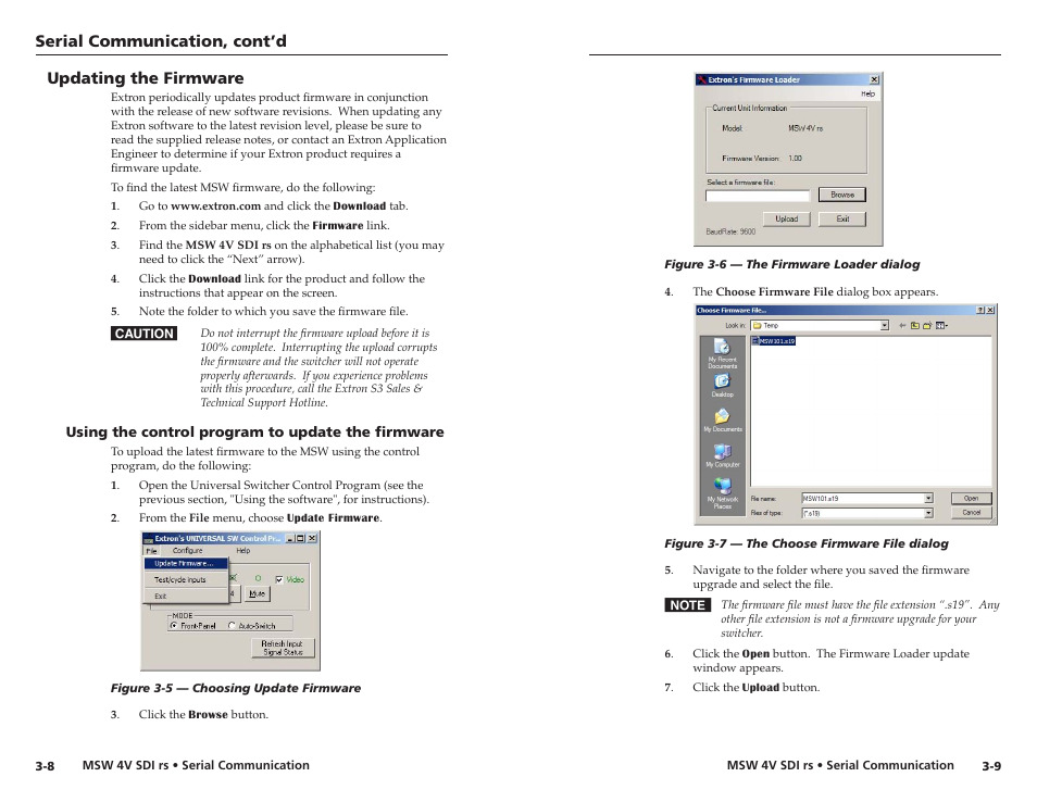 Updating the firmware, Using the control program to update the firmware, Serial communication, cont’d | Extron Electronics MSW 4V SDI rs User Manual | Page 17 / 20