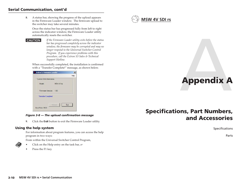 Using the help system, Appendix a, Specifications, part numbers, and accessories | Using the help system -10, Appendix a • specifications, part numbers, and, Accessories | Extron Electronics MSW 4V SDI rs User Manual | Page 18 / 20