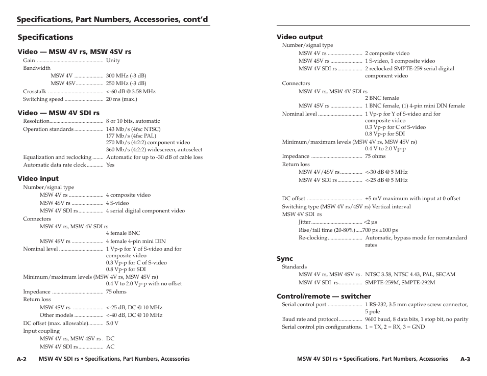 Specifications, Specifications, part numbers, accessories, cont’d | Extron Electronics MSW 4V SDI rs User Manual | Page 19 / 20