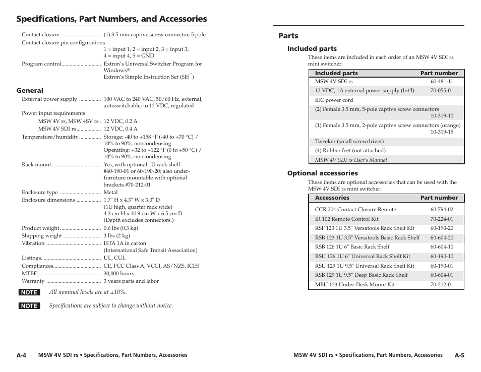 Parts, Included parts, Optional accessories | Specifications, part numbers, and accessories | Extron Electronics MSW 4V SDI rs User Manual | Page 20 / 20