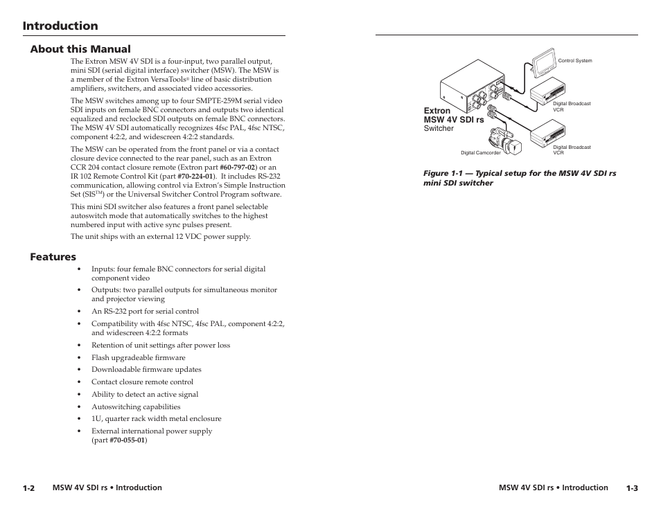 About this manual, Features, Introduction | Extron Electronics MSW 4V SDI rs User Manual | Page 7 / 20