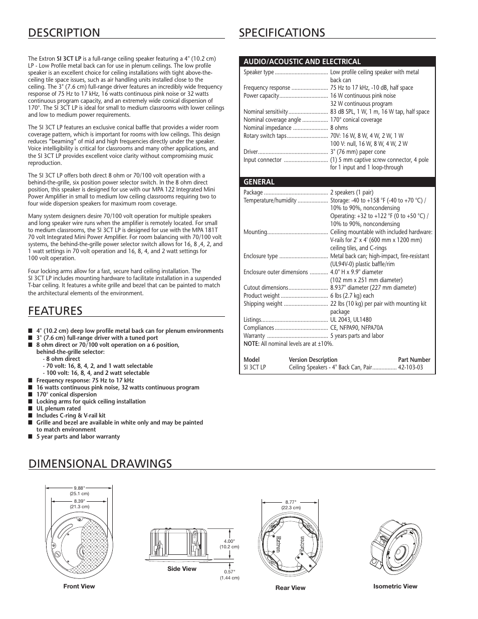 Description specifications, Dimensional drawings, Features | Extron electronic SI 3CT LP User Manual | Page 2 / 6
