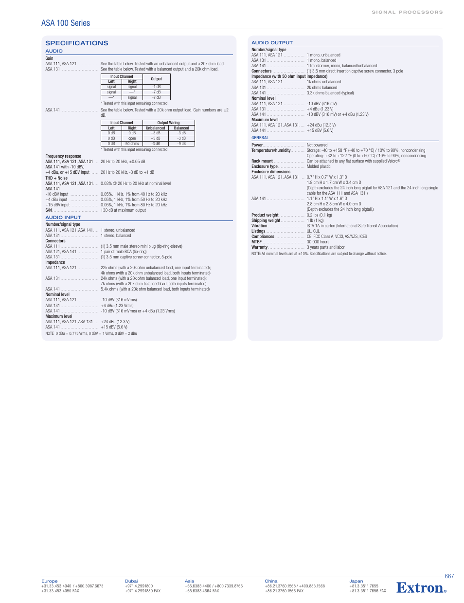 Asa 100 series, Specifications | Extron electronic ASA 100 Series User Manual | Page 3 / 3