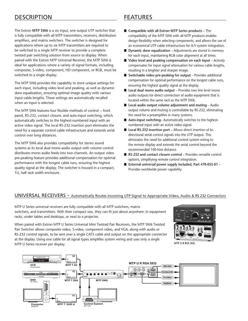 Description features, Universal receivers, Auto switch | Peaking level, Adjust | Extron electronic MTP SW6 User Manual | Page 2 / 4