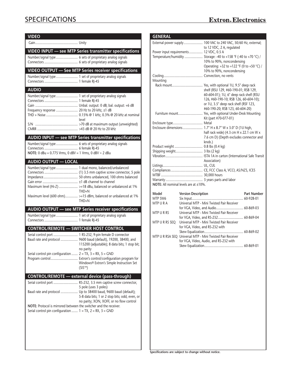 Specifications | Extron electronic MTP SW6 User Manual | Page 3 / 4