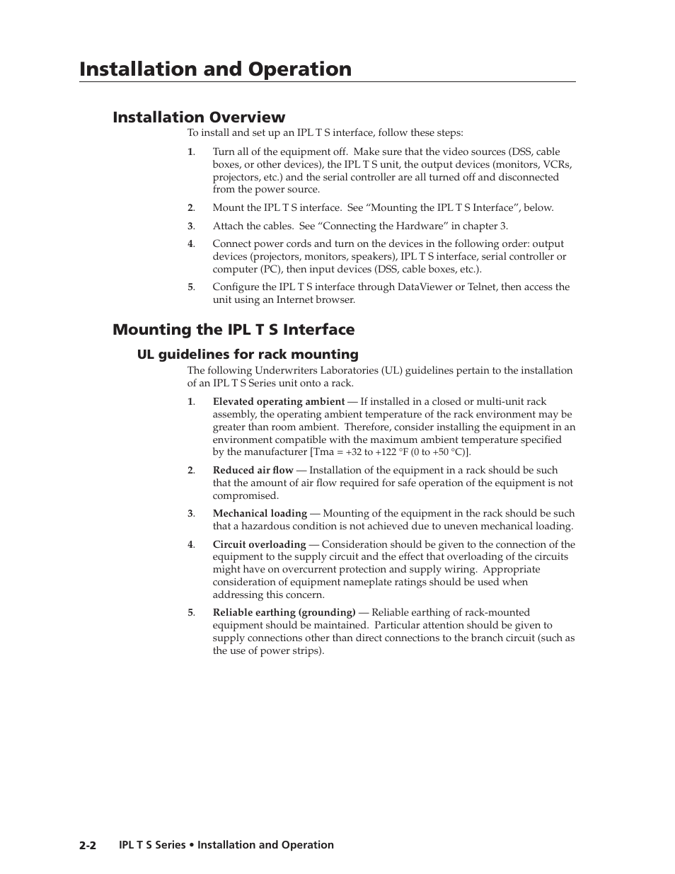 Installation overview, Mounting the ipl t s interface, Ul guidelines for rack mounting | Ul guidelines for rack mounting -2, Installation and operation | Extron electronic IPL T S Series User Manual | Page 14 / 79