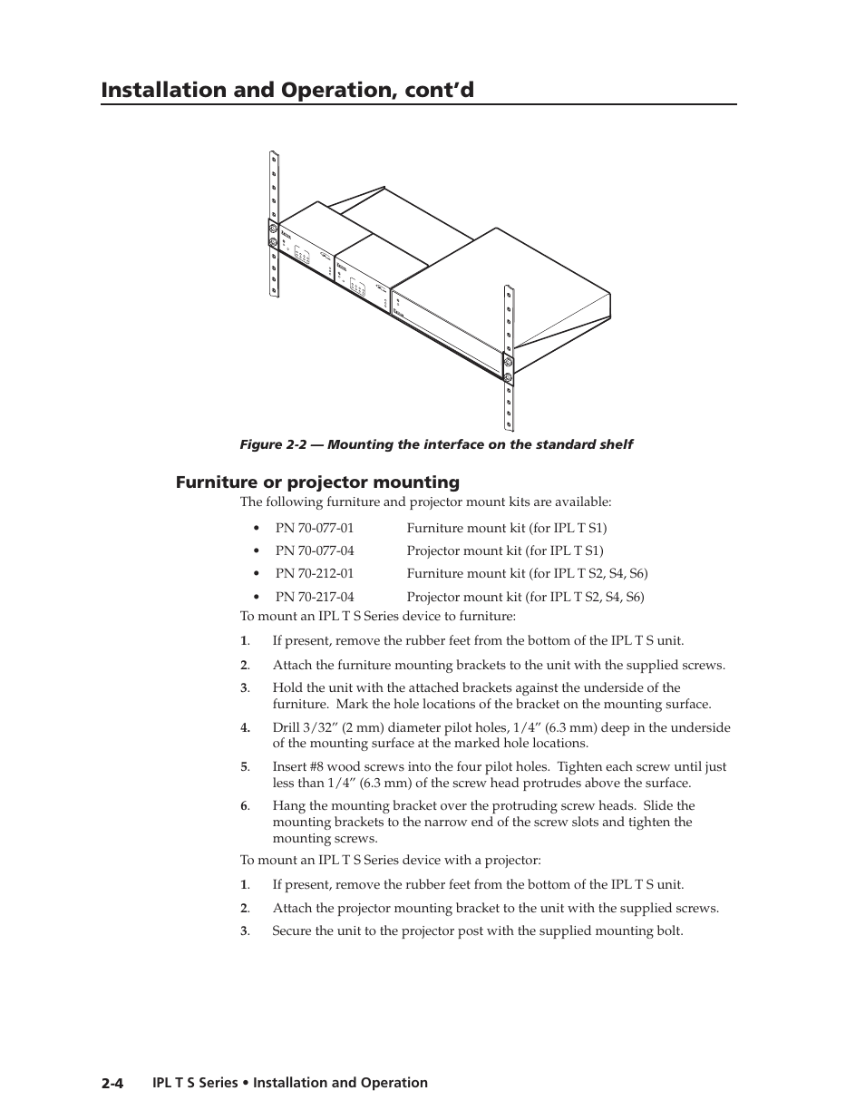 Furniture or projector mounting, Furniture or projector mounting -4, Installation and operation, cont’d | Extron electronic IPL T S Series User Manual | Page 16 / 79