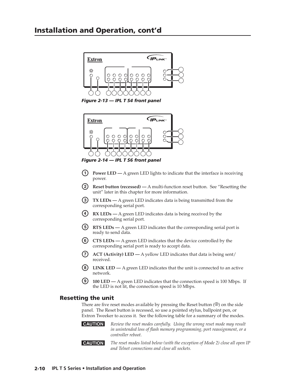 Resetting the unit, Resetting the unit -10, Installation and operation, cont’d | Extron electronic IPL T S Series User Manual | Page 22 / 79