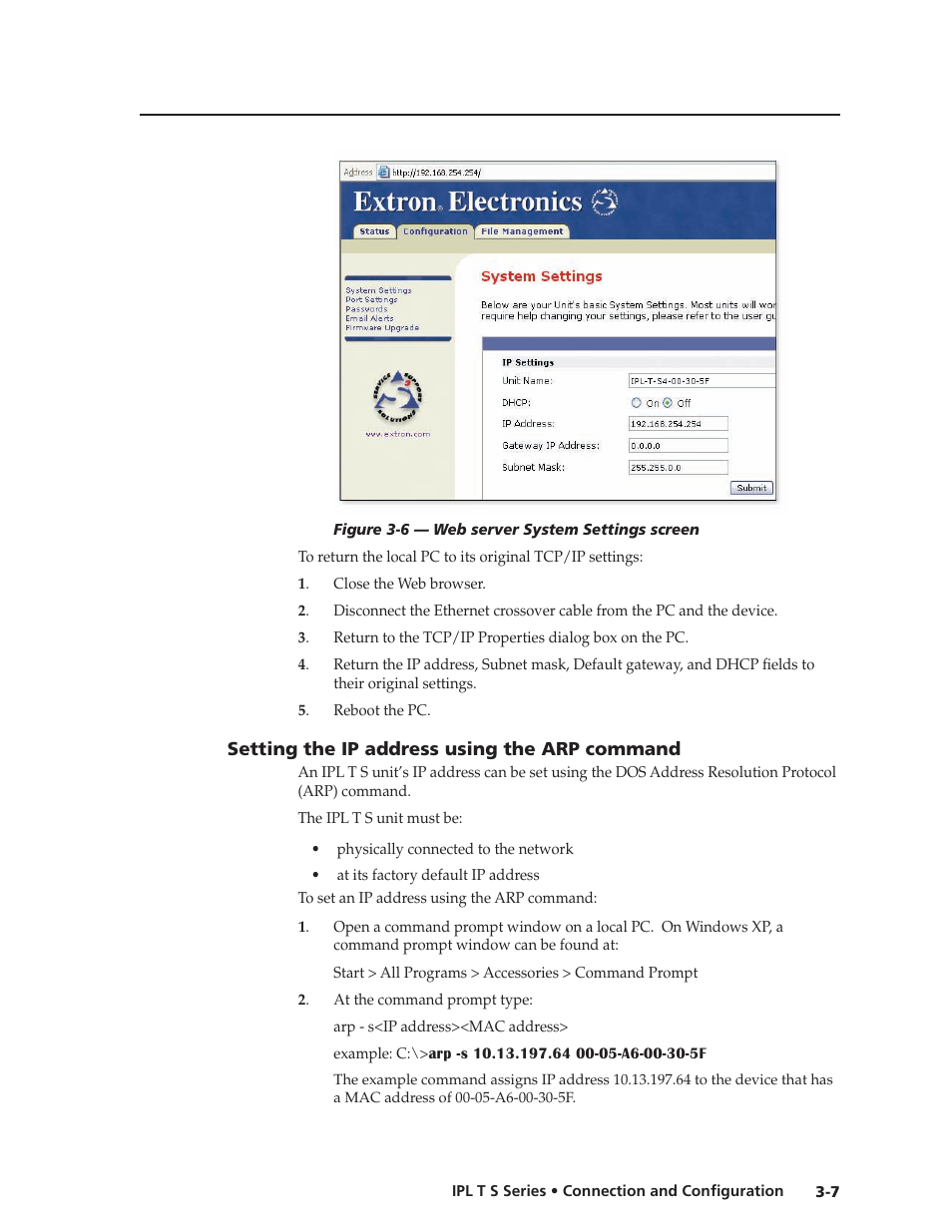 Setting the ip address using the arp command, Setting the ip address using the arp command -7 | Extron electronic IPL T S Series User Manual | Page 31 / 79