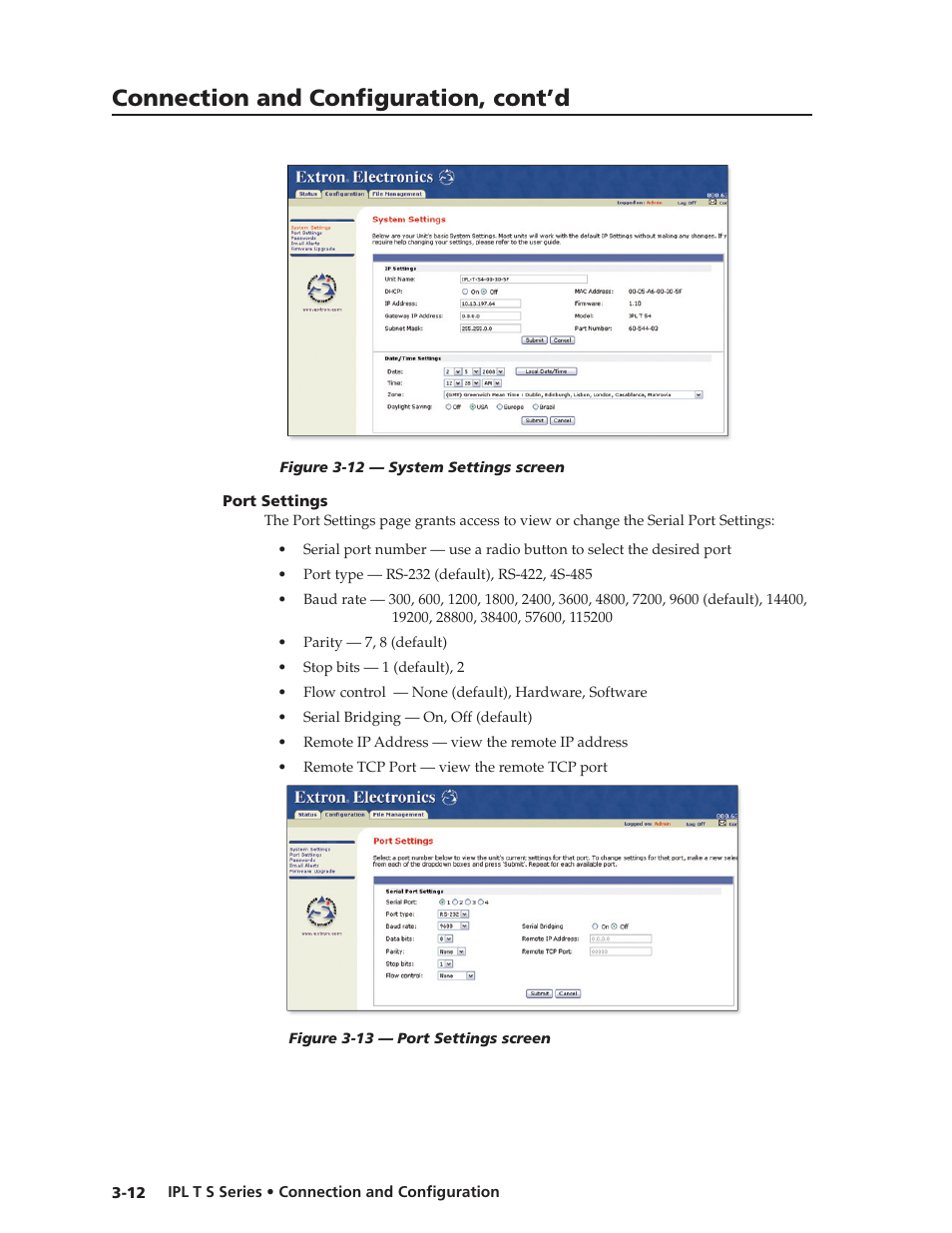 Port settings, Port settings -12, Connection and configuration, cont’d | Extron electronic IPL T S Series User Manual | Page 36 / 79