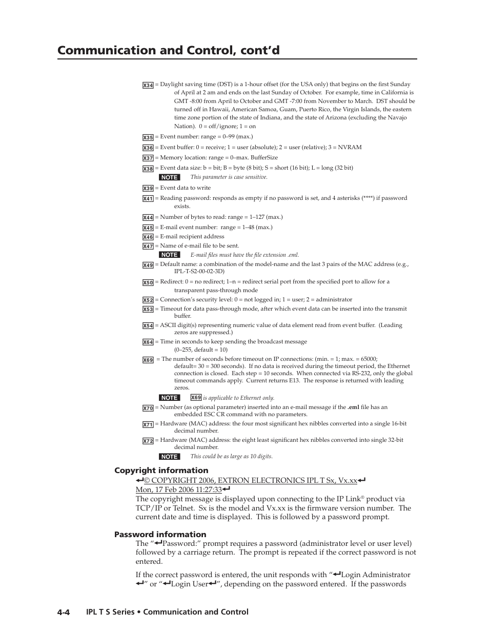 Copyright information, Password information, Copyright information -4 password information -4 | Communication and control, cont’d | Extron electronic IPL T S Series User Manual | Page 44 / 79