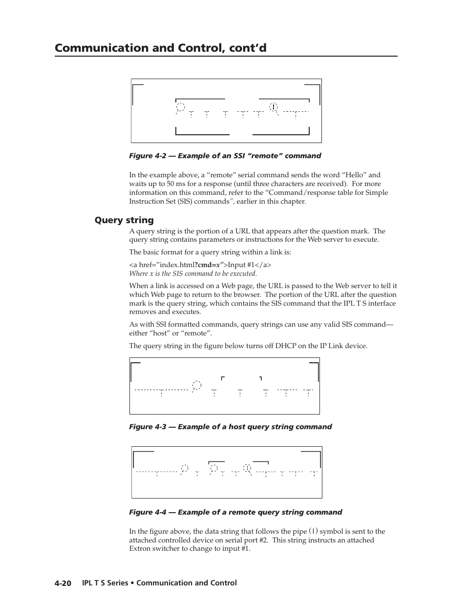 Query string, Query string -20, Communication and control, cont’d | Query string, Ipl t s series • communication and control 4-20, Server side include using a remote sis command, Url with a query string using a host sis command | Extron electronic IPL T S Series User Manual | Page 60 / 79