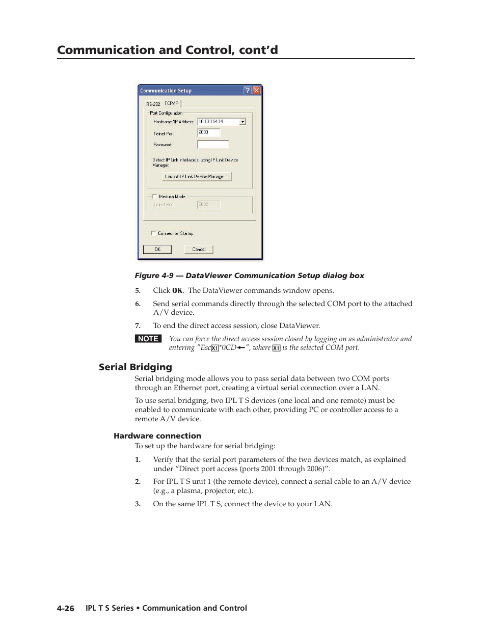Serial bridging, Hardware connection, Serial bridging -26 | Hardware connection -26, Communication and control, cont’d | Extron electronic IPL T S Series User Manual | Page 66 / 79