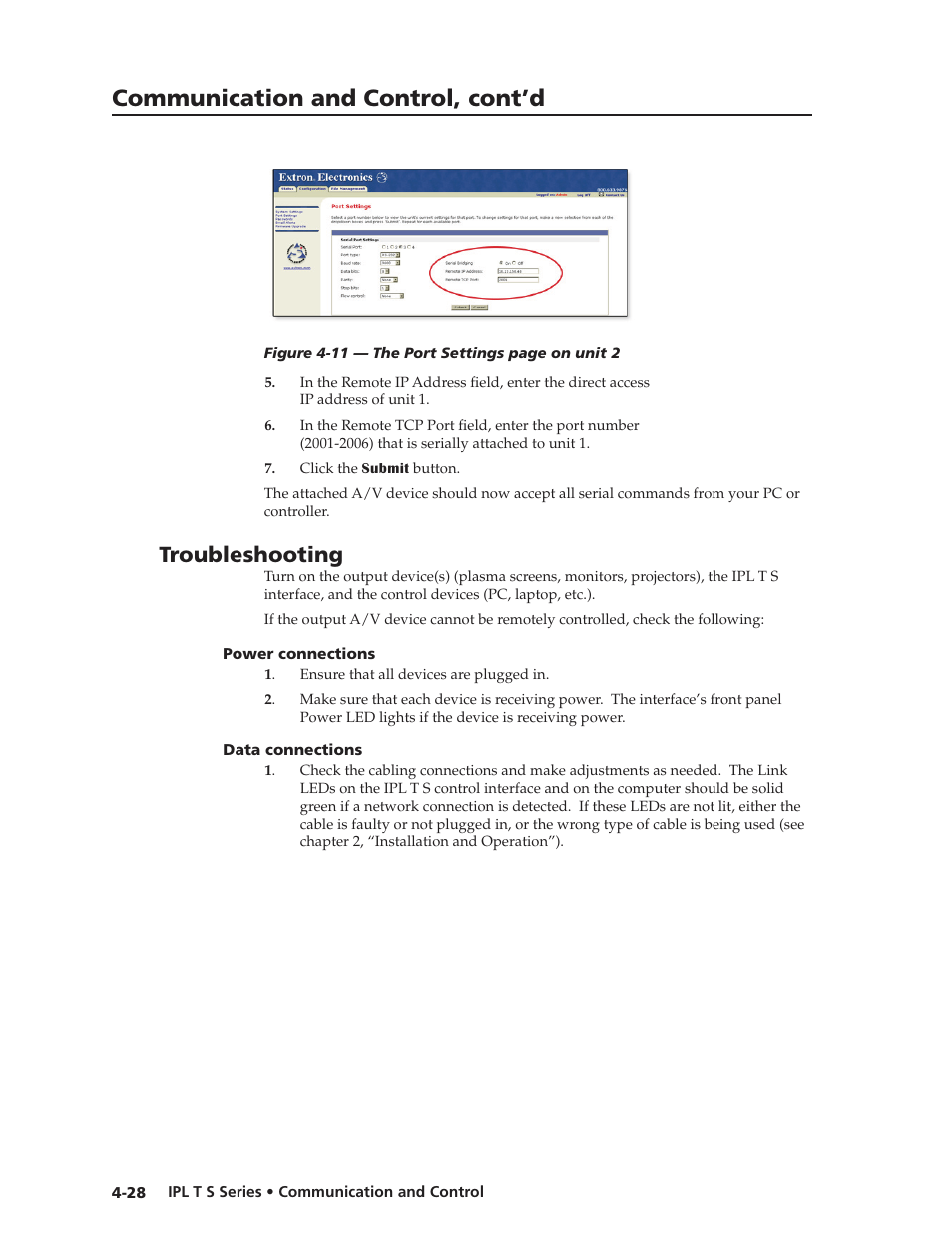Troubleshooting, Power connections, Data connections | Power connections -28 data connections -28, Communication and control, cont’d | Extron electronic IPL T S Series User Manual | Page 68 / 79