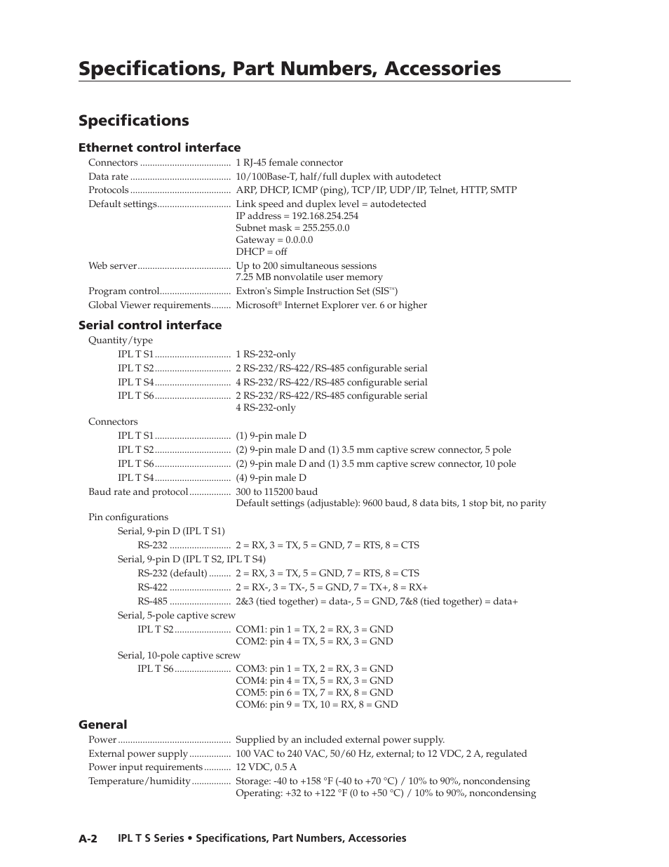 Specifications, part numbers, accessories, Specifications | Extron electronic IPL T S Series User Manual | Page 72 / 79