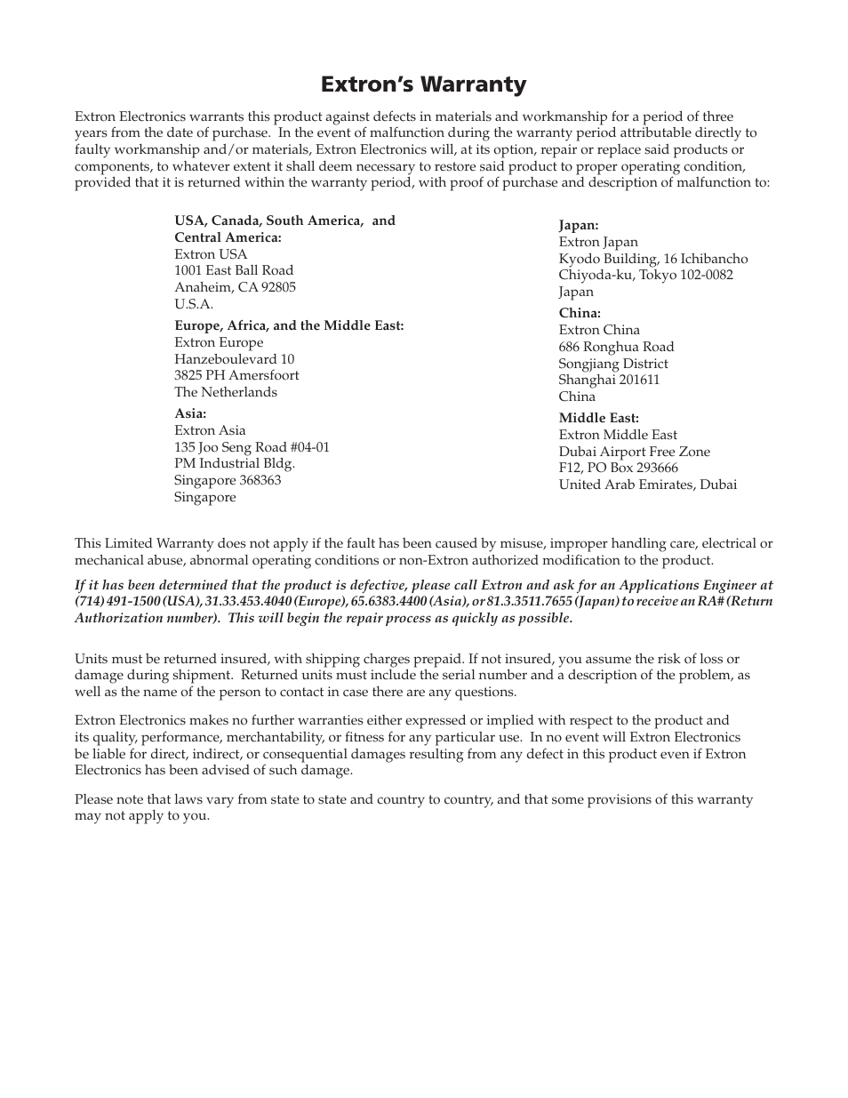 Extron’s warranty | Extron electronic IPL T S Series User Manual | Page 78 / 79