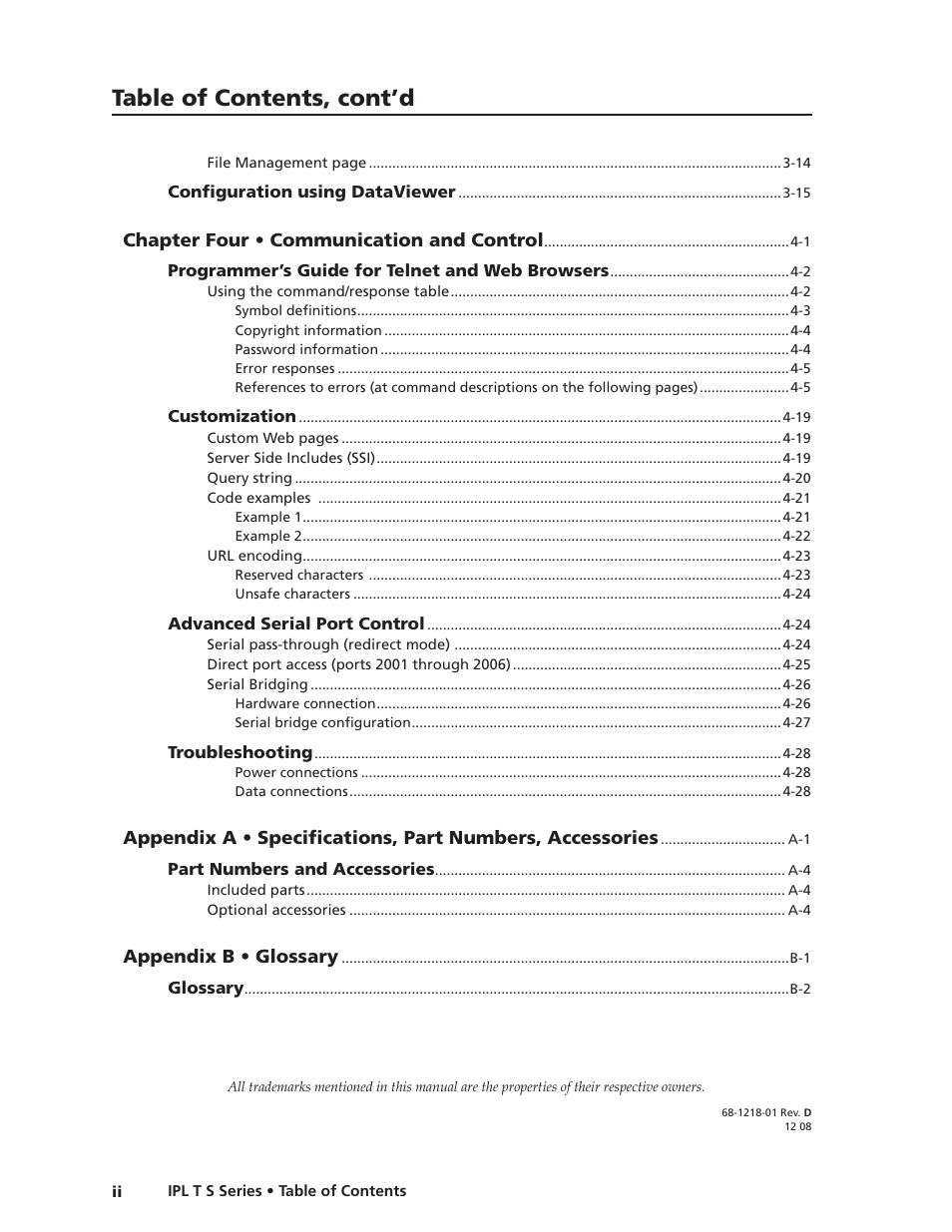 Table of contents, cont’d | Extron electronic IPL T S Series User Manual | Page 8 / 79