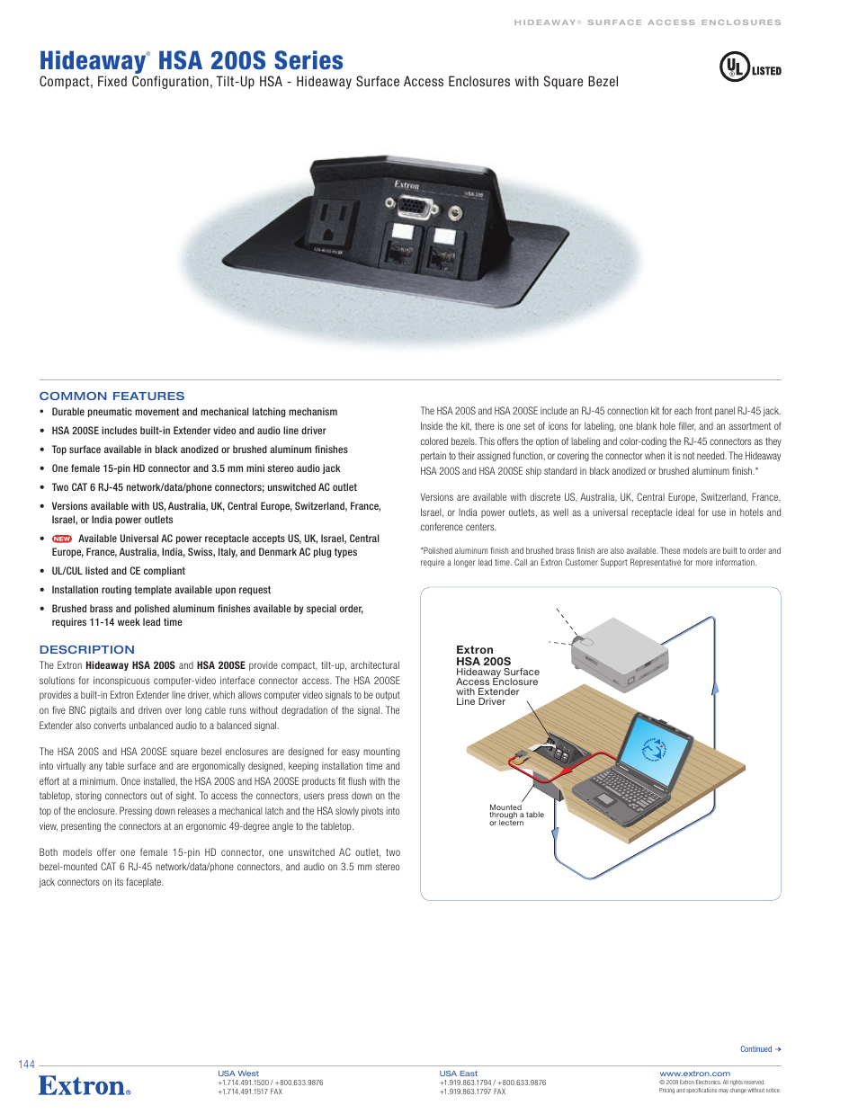 Extron electronic Hideaway HSA 200S Series User Manual | 3 pages
