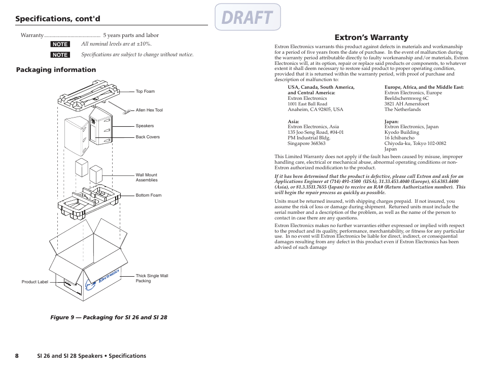 Extron’s warranty, Specifications, cont'd | Extron electronic SI 26 User Manual | Page 6 / 6
