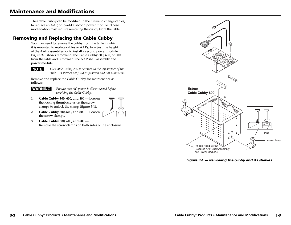 Maintenance and modifi cations, Removing and replacing the cable cubby | Extron electronic Cable Cubby 800  EU User Manual | Page 15 / 33
