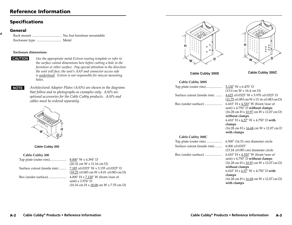 Reference information, Specifi cations | Extron electronic Cable Cubby 800  EU User Manual | Page 20 / 33