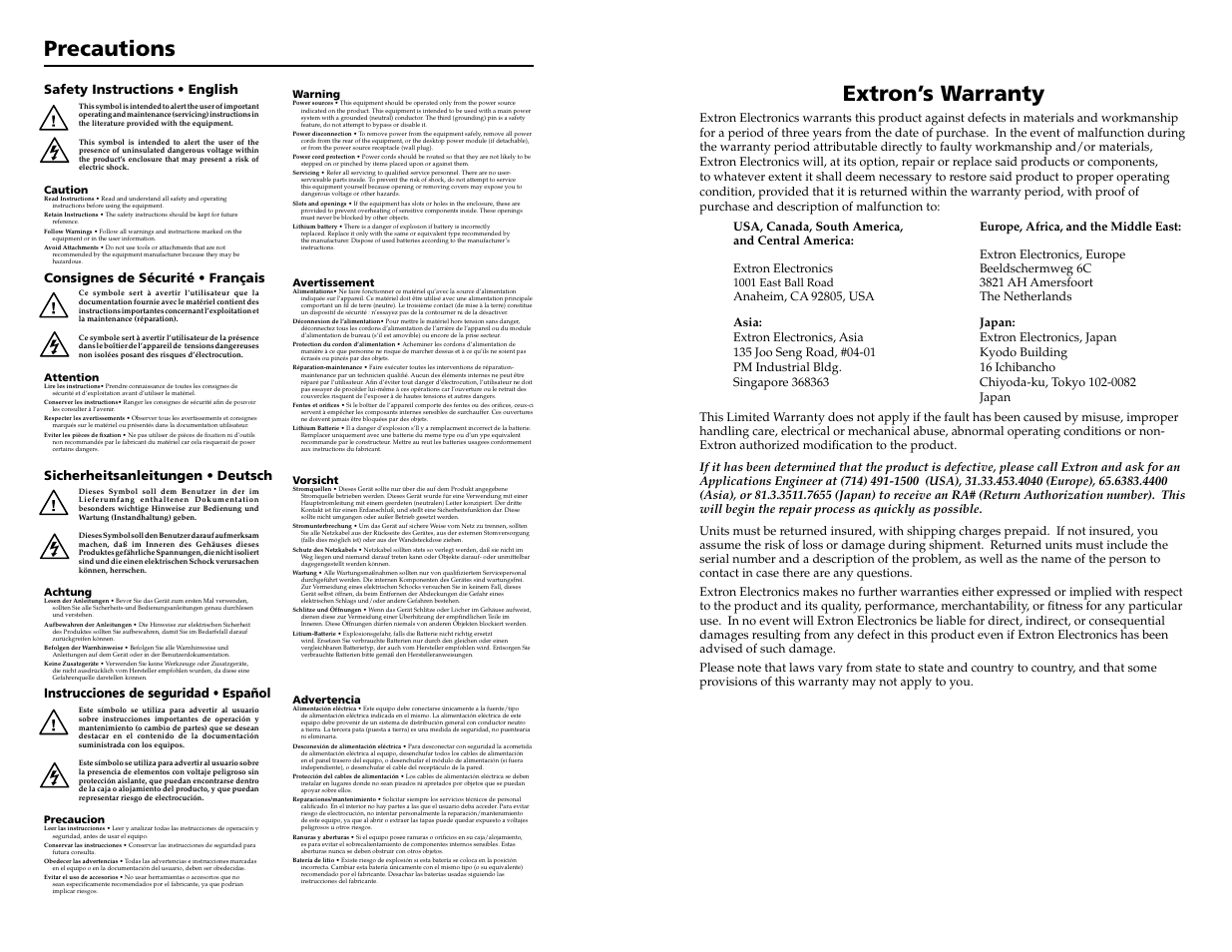 Precautions, Extron’s warranty, Instrucciones de seguridad • español | Extron electronic Cable Cubby 800  EU User Manual | Page 33 / 33