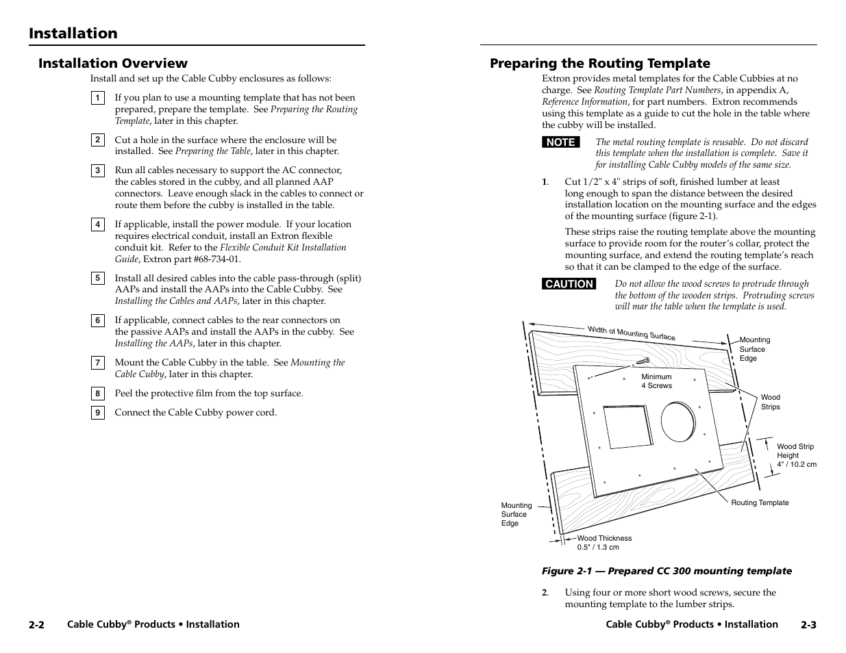 Installation, Installation overview, Preparing the routing template | Extron electronic Cable Cubby 800  EU User Manual | Page 8 / 33