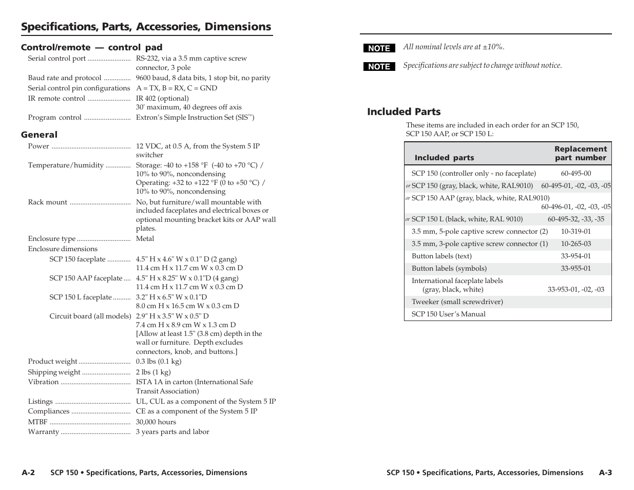 Specifications, parts, accessories, dimensions, Included parts | Extron Electronics SCP 150 User Manual | Page 20 / 23