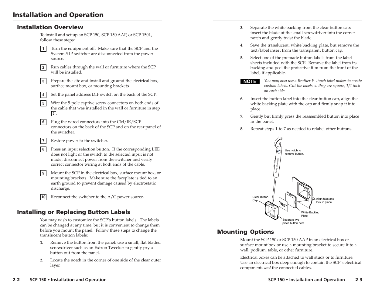 Installation and operation, Installation overview, Installing or replacing button labels | Mounting options | Extron Electronics SCP 150 User Manual | Page 6 / 23