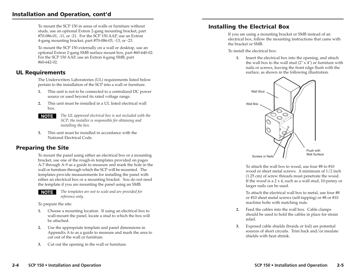 Installation and operation, cont’d, Ul requirements, Preparing the site | Installing the electrical box | Extron Electronics SCP 150 User Manual | Page 7 / 23