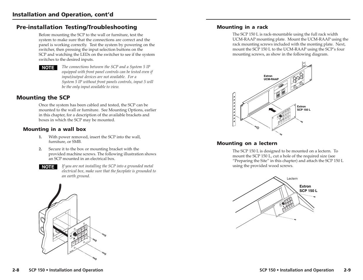 Installation and operation, cont’d, Pre-installation testing/troubleshooting, Mounting the scp | Vo lume pr oject or | Extron Electronics SCP 150 User Manual | Page 9 / 23